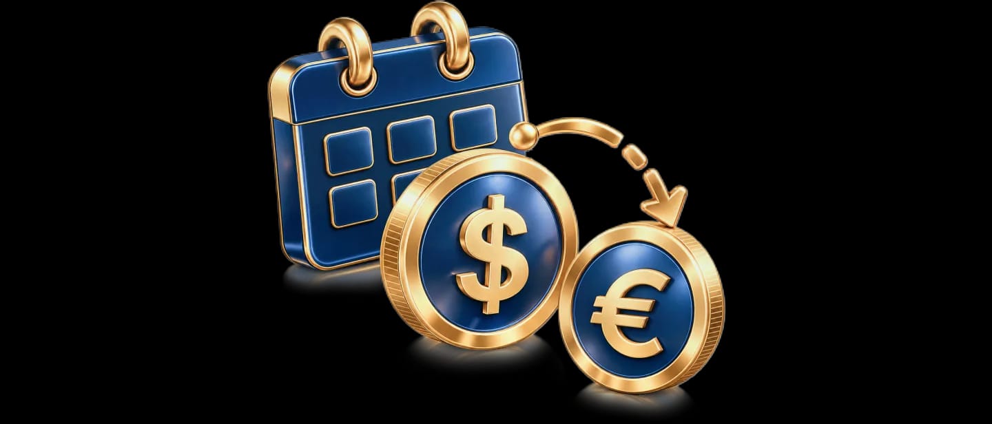 Navy calendar with gold dollar and euro coins