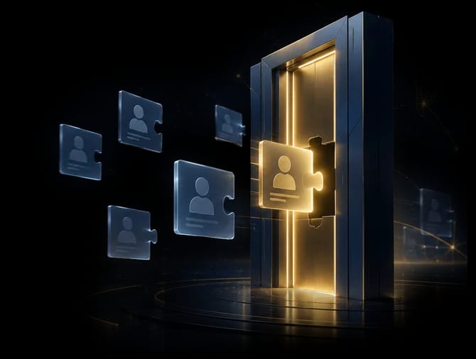 Illustration of a glowing doorway with a golden ID-badge puzzle piece unlocking access, surrounded by floating institutional profile cards