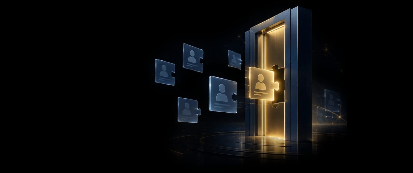 Illustration of a glowing doorway with a golden ID-badge puzzle piece unlocking access, surrounded by floating institutional profile cards
