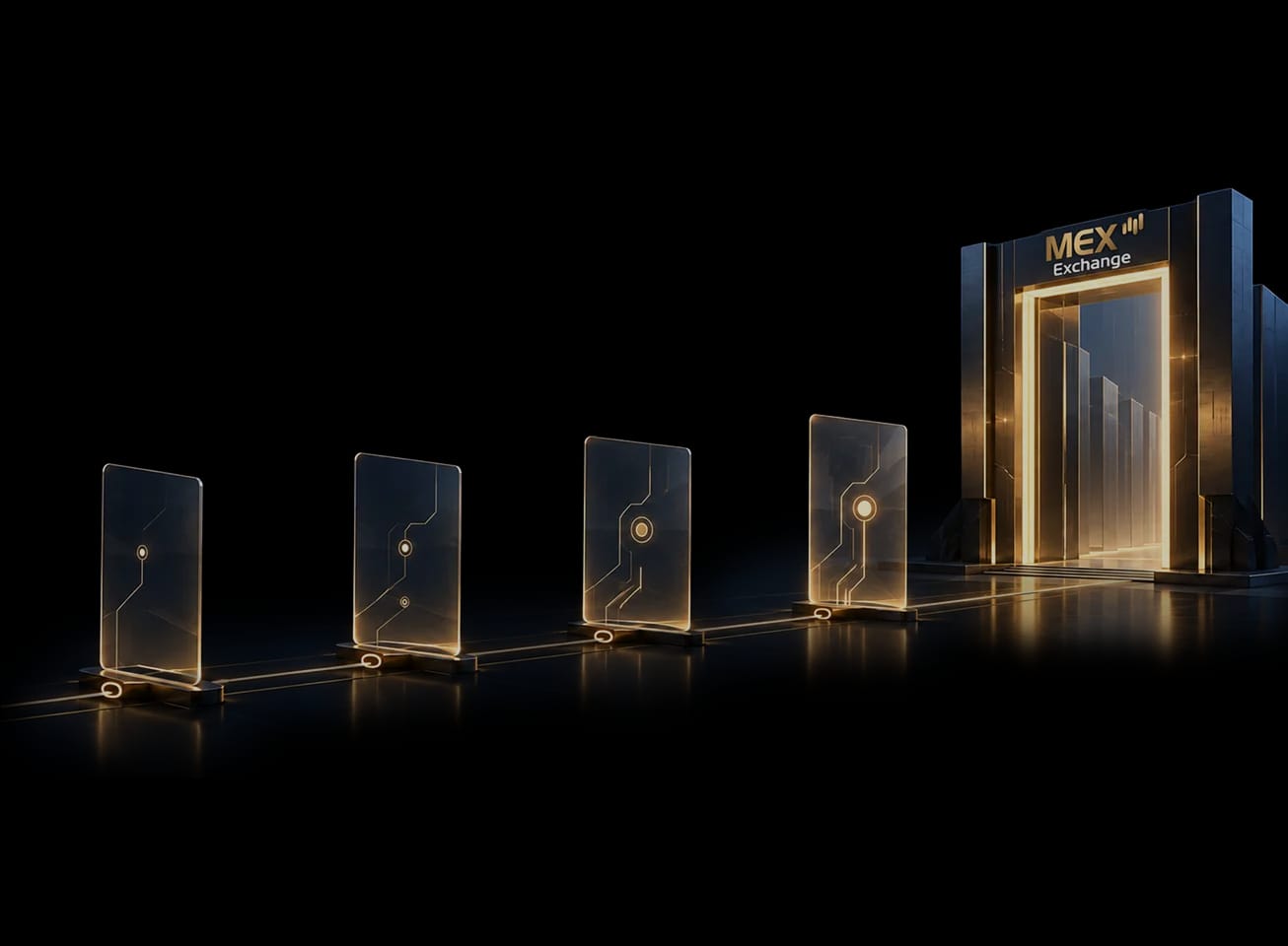 Illustration of glowing glass panels connected by a golden light path leading to a MEX Exchange branded doorway