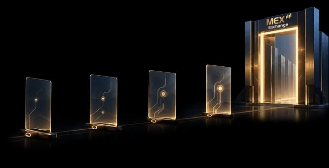Illustration of glowing glass panels connected by a golden light path leading to a MEX Exchange branded doorway