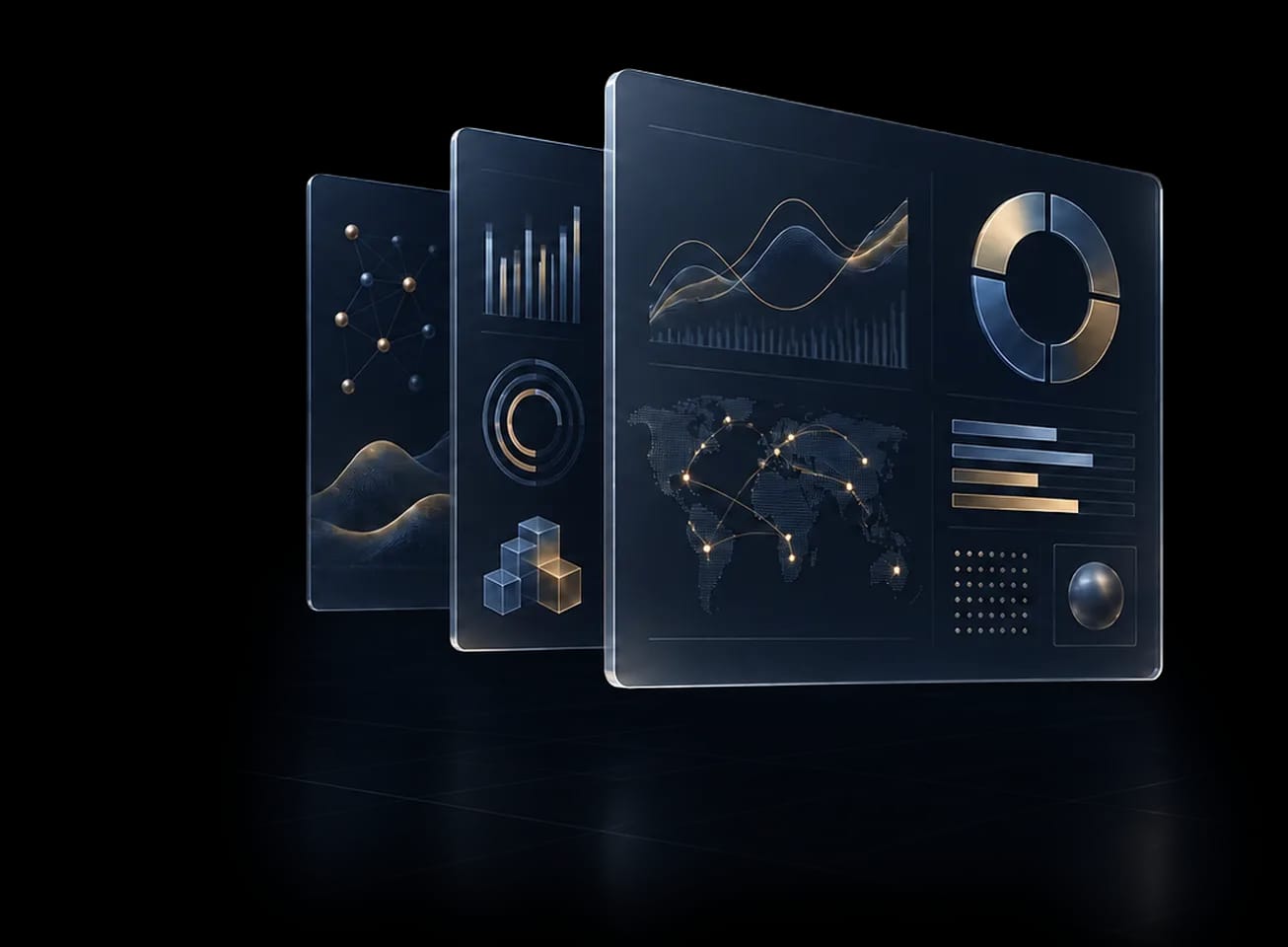Illustration of layered analytics dashboard cards with charts, a world settlement map and metrics