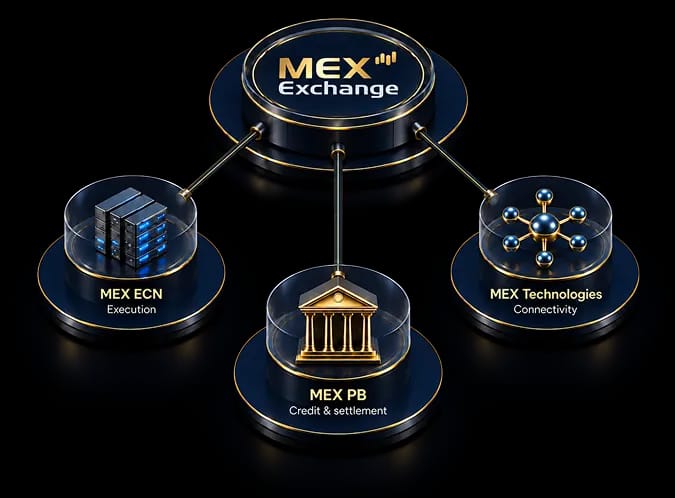 Diagram showing MEX Exchange connected to MEX ECN, MEX PB and MEX Technologies