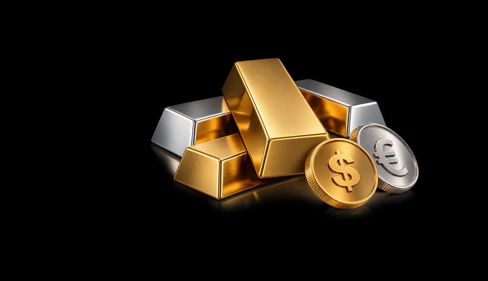Gold and silver bars with dollar and euro coins