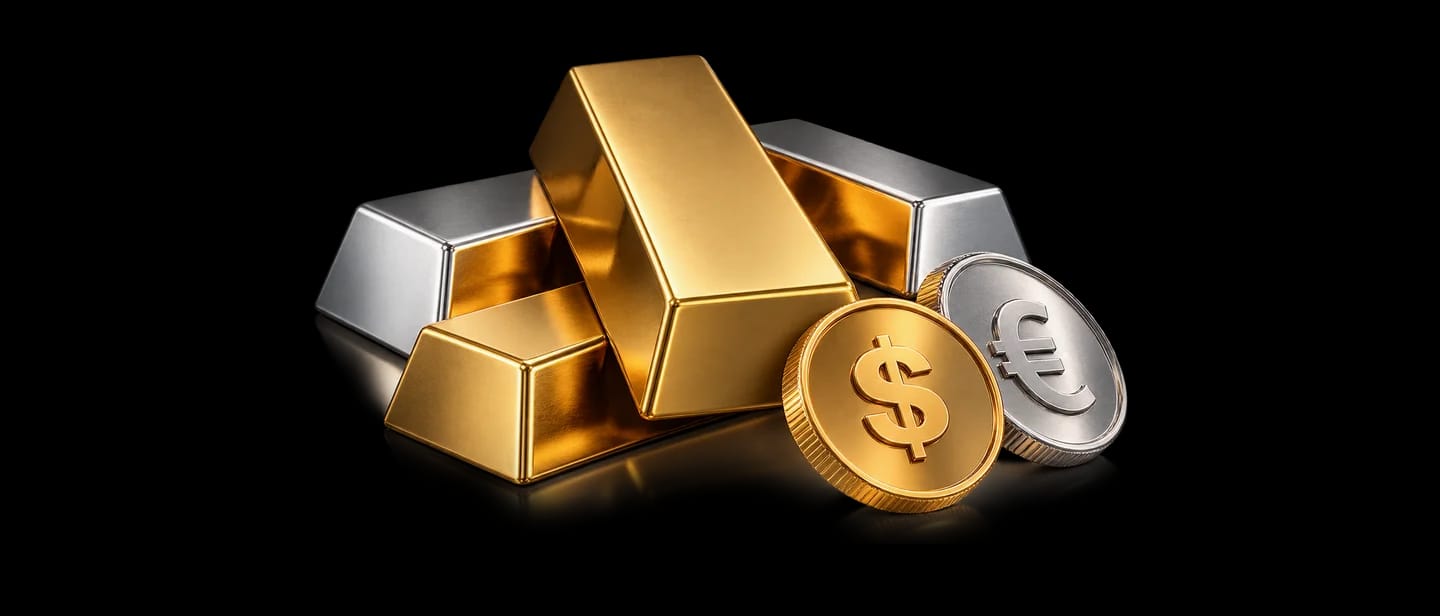 Gold and silver bars with dollar and euro coins