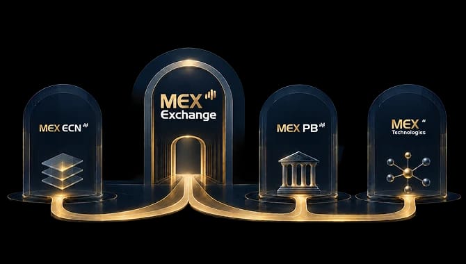 Diagram showing MEX Exchange connected to MEX ECN, MEX PB and MEX Technologies