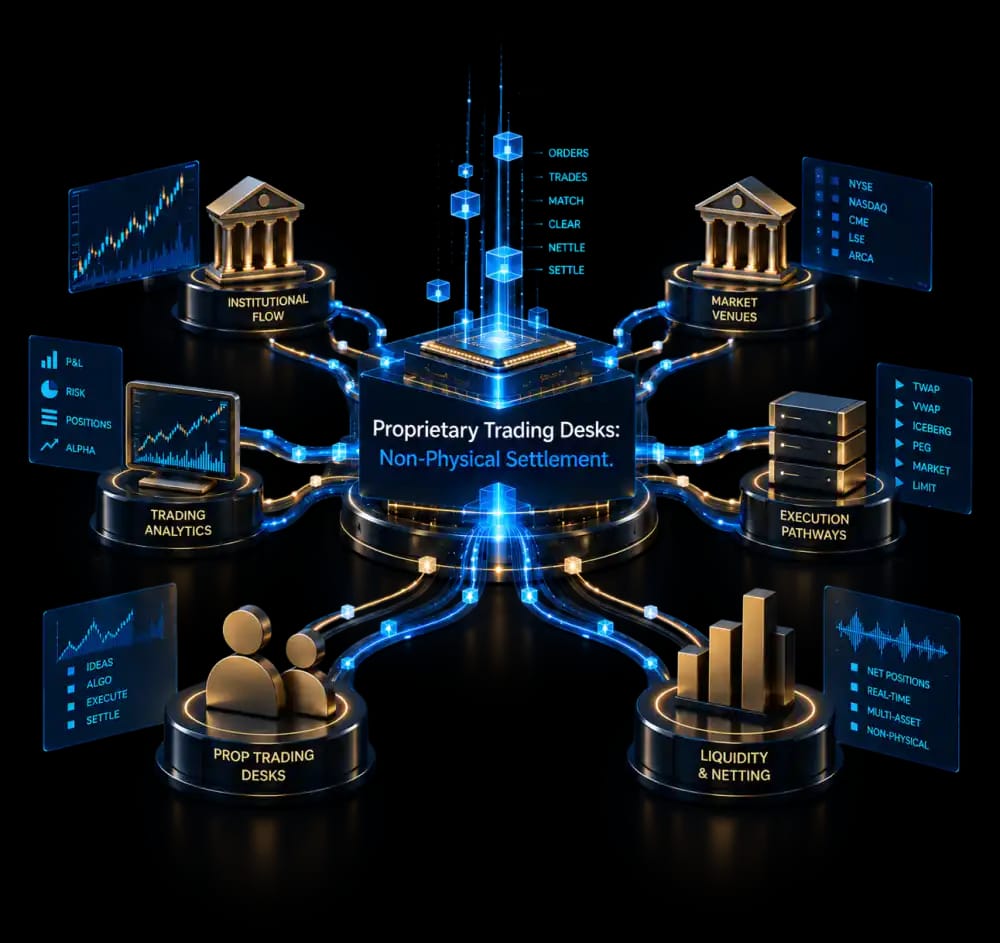 Illustration of a central settlement hub connecting proprietary trading desk profiles