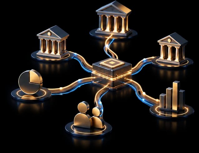 Illustration of a central settlement hub connecting regional bank branches