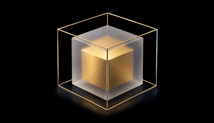 Illustration of a golden cube held in a glass frame for sovereign wealth and family offices